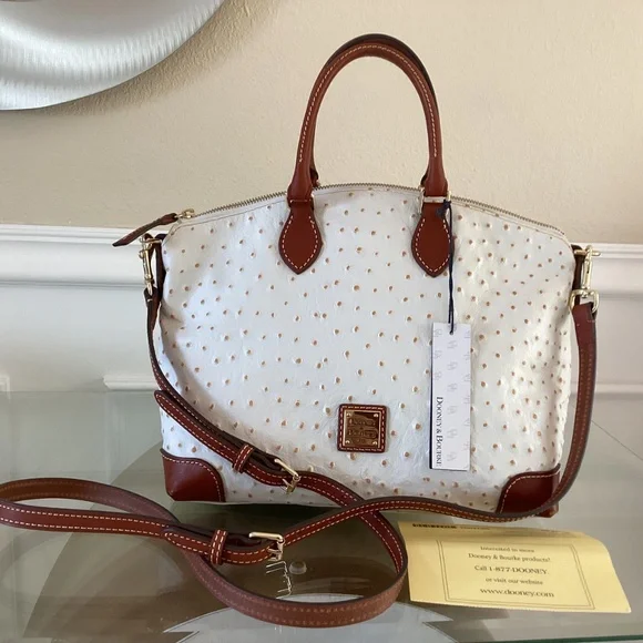 Dooney & Bourke Bone/White Ostrich Leather Dome Satchel Bag Purse Crossbody - Picture 2 of 16